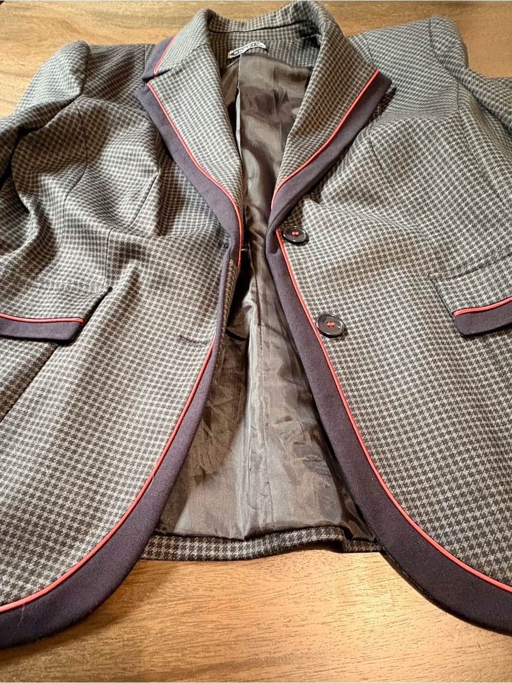 Tailored Gray and Navy blue Houndstooth Women's Blazer with Red Piping
